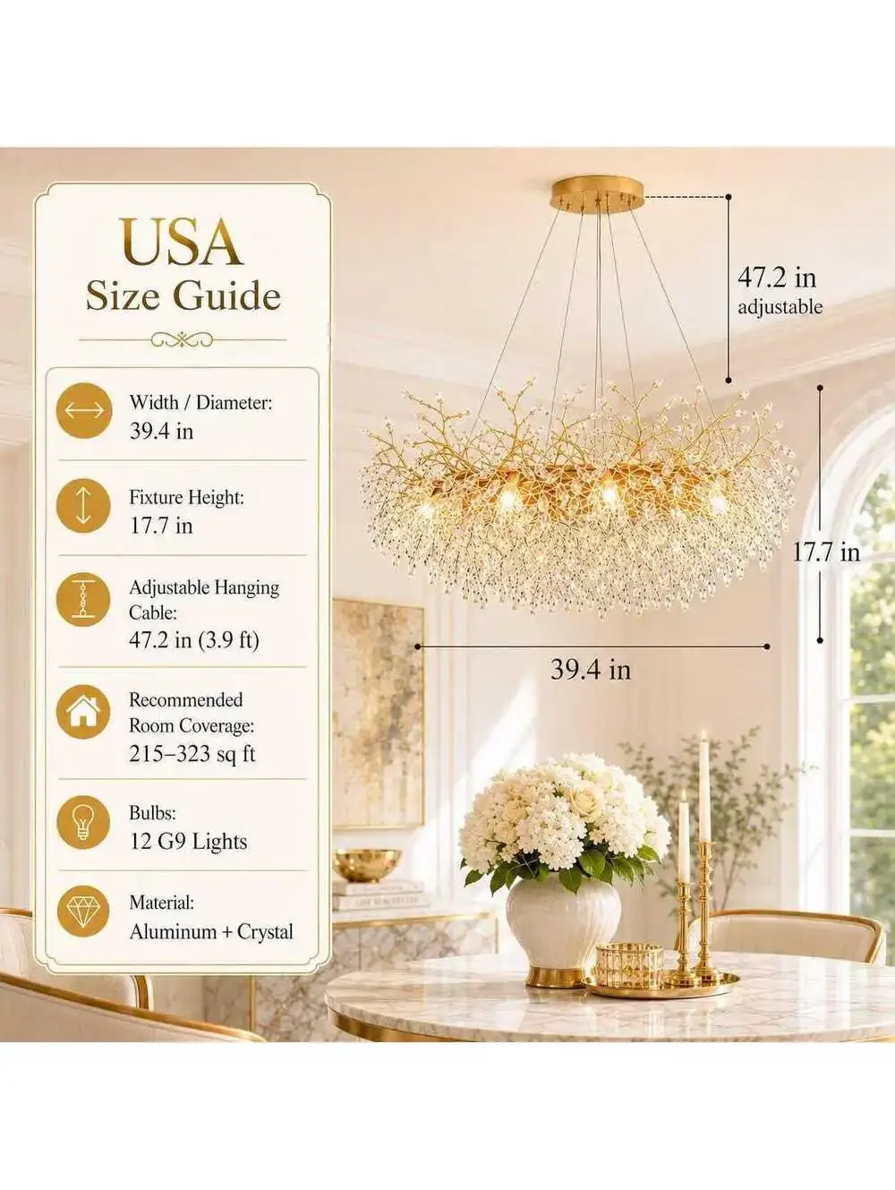 Luxora Modern Crystal Chandelier Pendant Light with Gold Branch Design